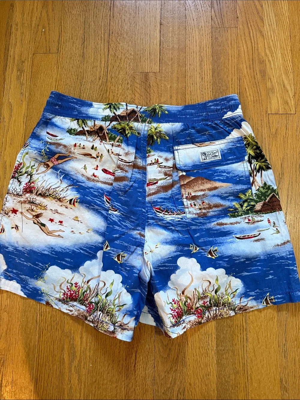 VTG Polo Ralph Lauren Shorts Mens Blue Hawaiian Beach Print Boardshort Swim